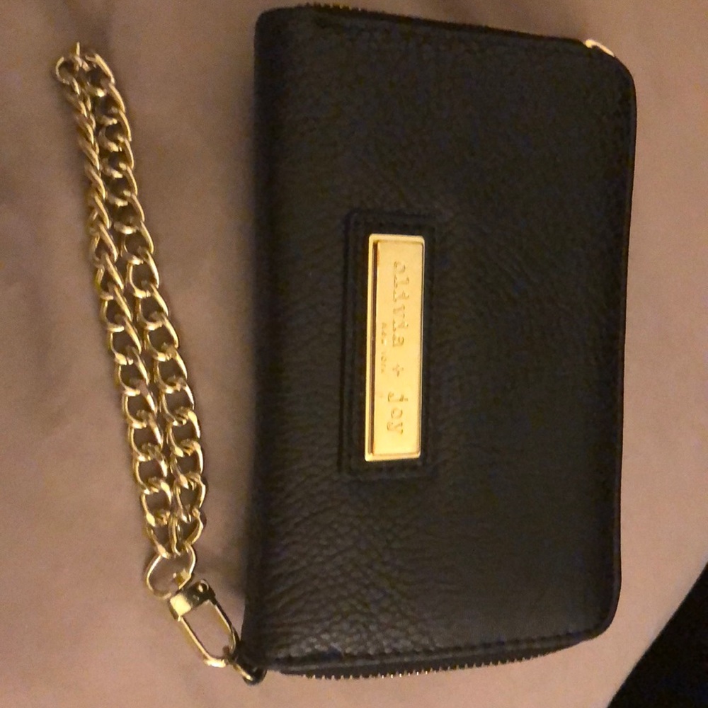 Black leather wristlet/ phone case with Gold Chain